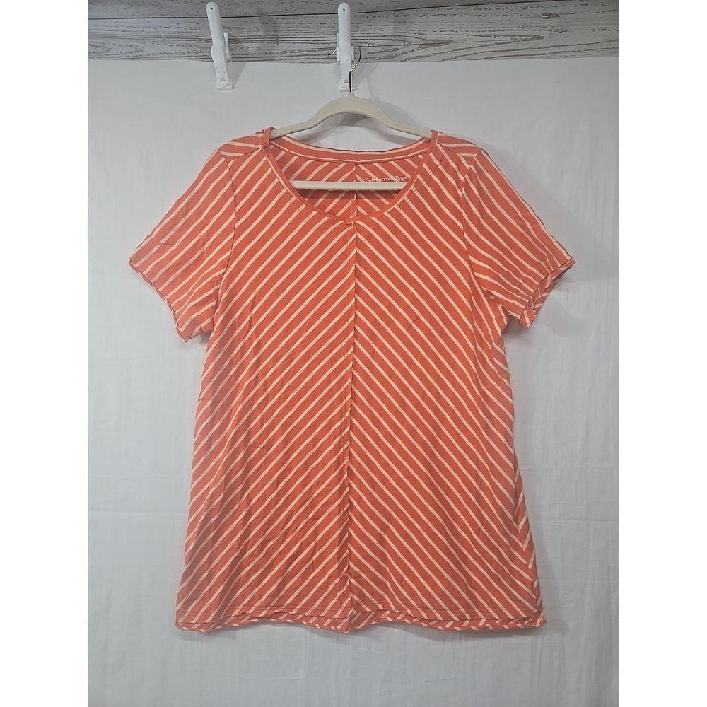 Women's Soft Surroundings 100% Pima Cotton Chevron Striped Tee Orange L Raw Hem